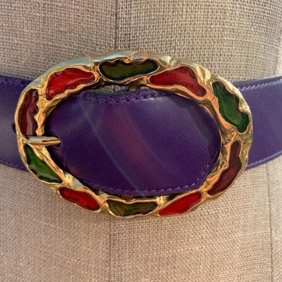 Vintage Purple Leather Statement Gold Buckle Retro 80s 90s Glam Waist Belt - Picture 2 of 13